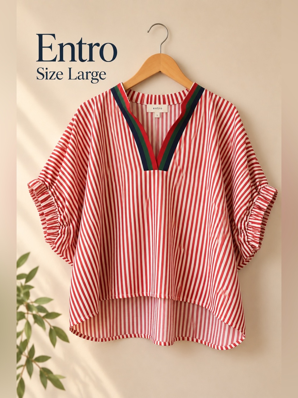 Entro Red White Striped Ruched Sleeve V-Neck Top Size Large